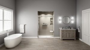 A modern bathroom features a large window, freestanding tub, and walk-in shower.