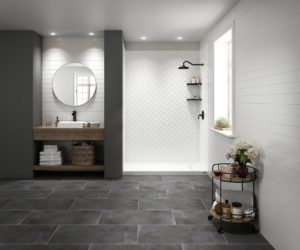 A modern bathroom with black tile flooring and a sleek walk-in shower with white tile.